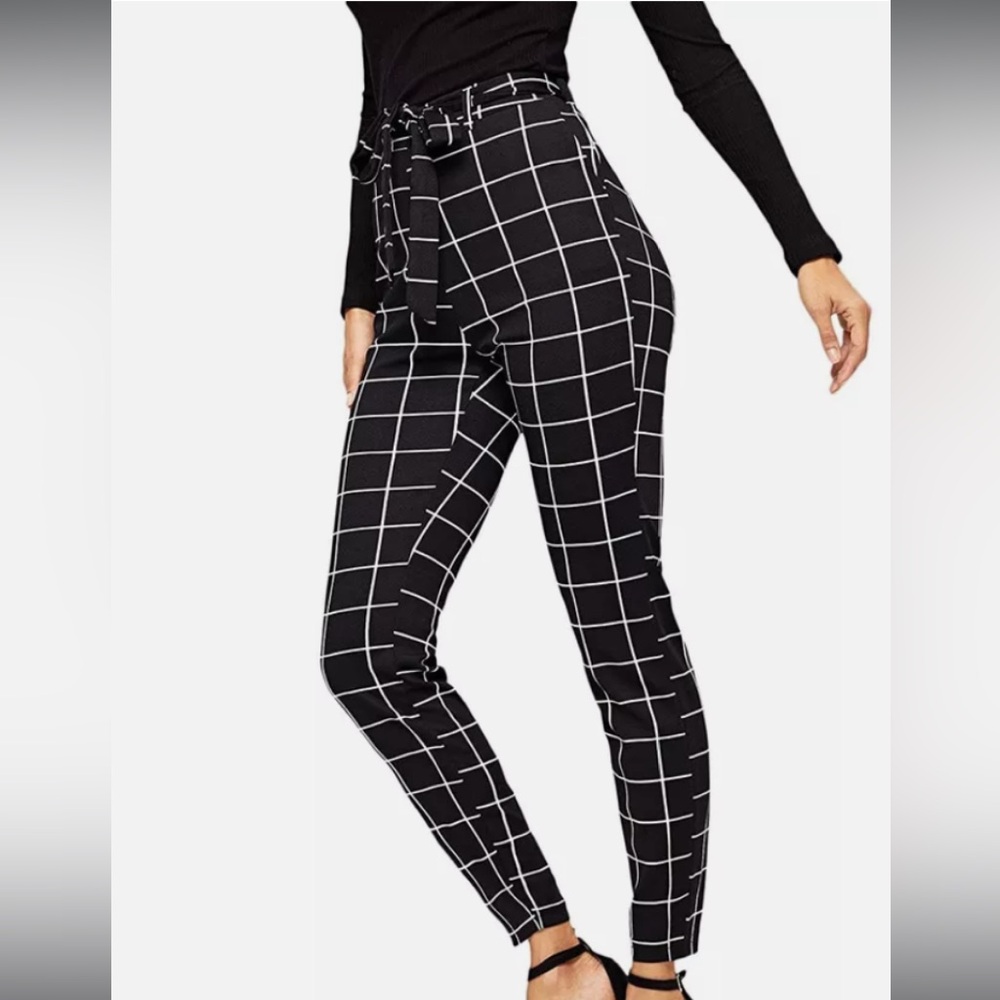 7th Avenue - Window Pane Paper Bag Pants - Tie Waste - XS Black and White